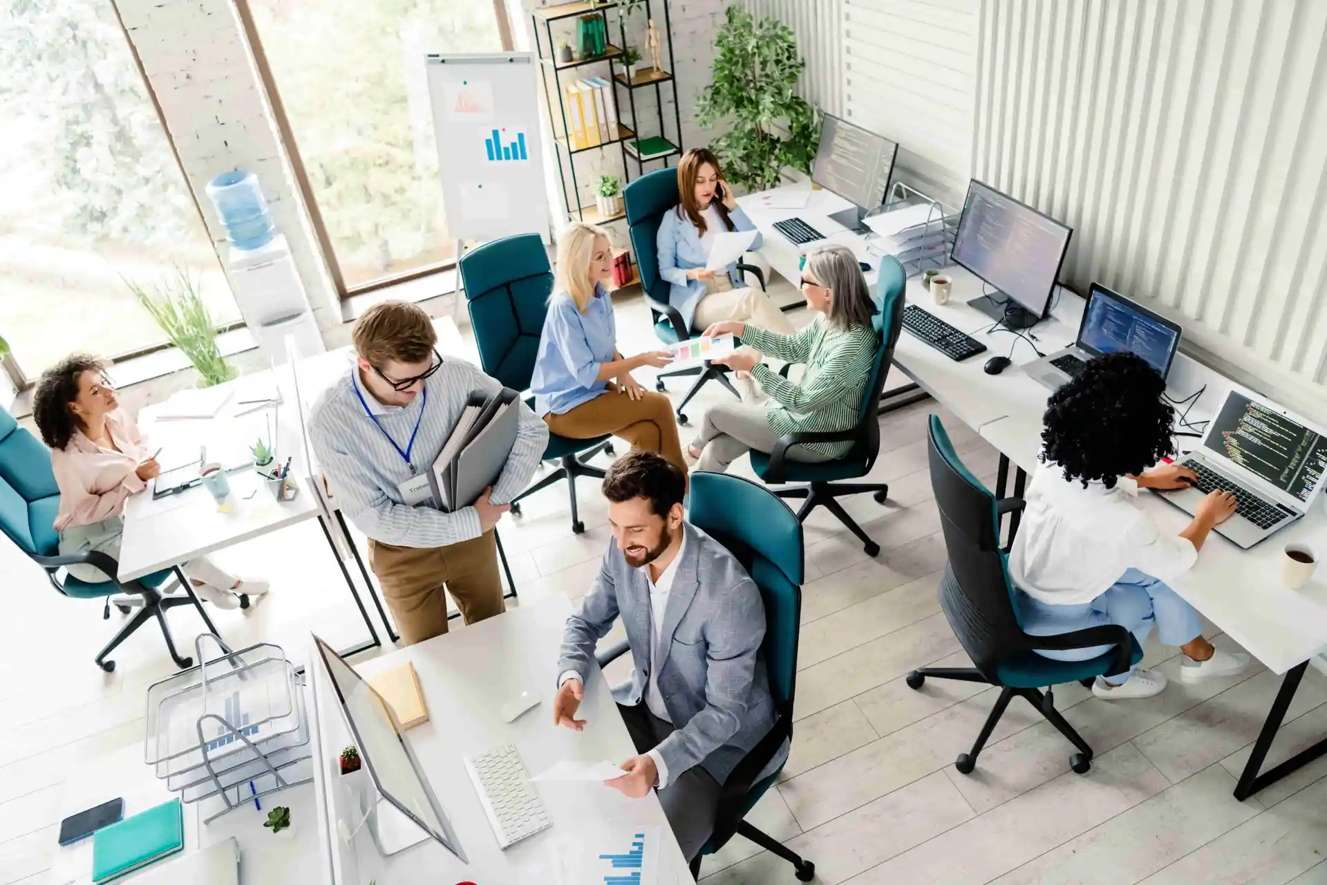 A team of people collaborating in a modern office